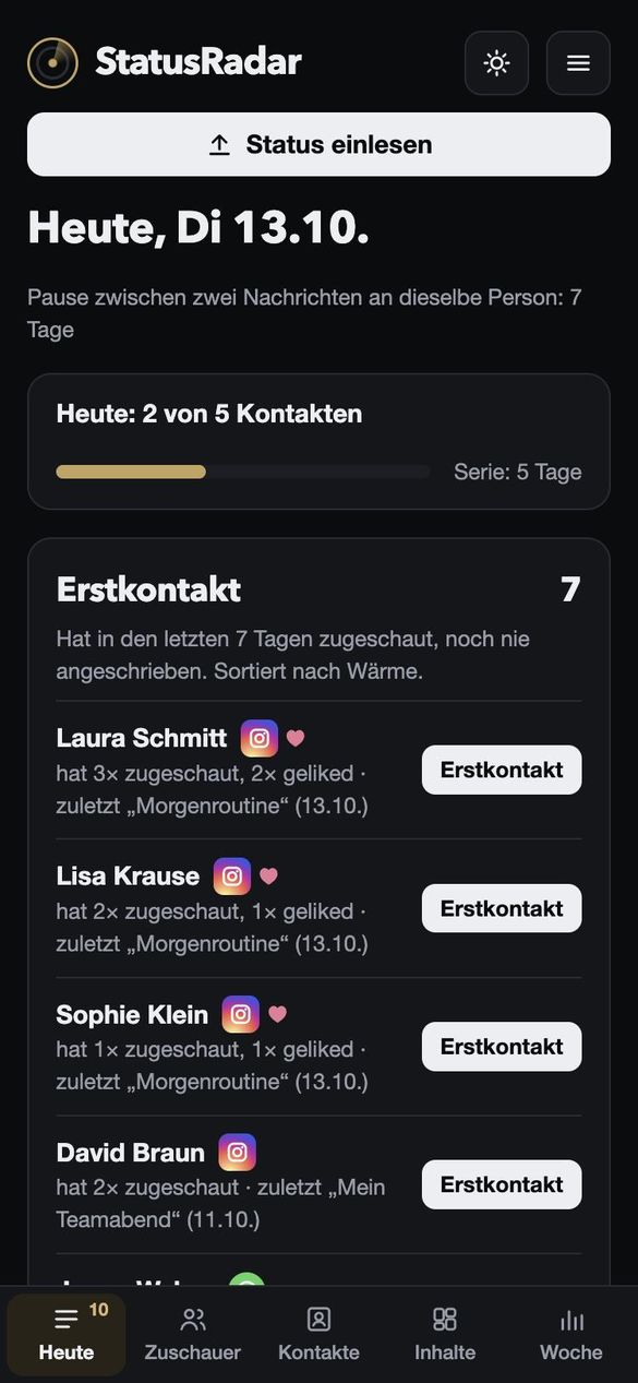 StatusRadar auf dem Handy: die Heute-Liste mit Personen zum Anschreiben