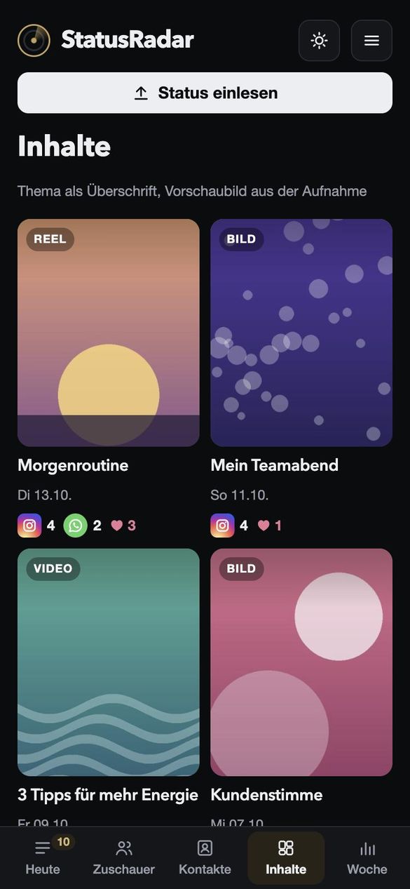 Inhalte: jede Story mit Zuschauern und Likes